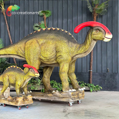 Simulazione di dinosauri animatronici personalizzati Parasaurolophus con bambino per l'attrazione