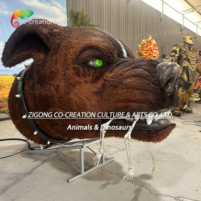 Statua a forma di testa di cane scheletrico animatronico: Meccanismo di spruzzo di fumo e display con occhi verdi luminosi